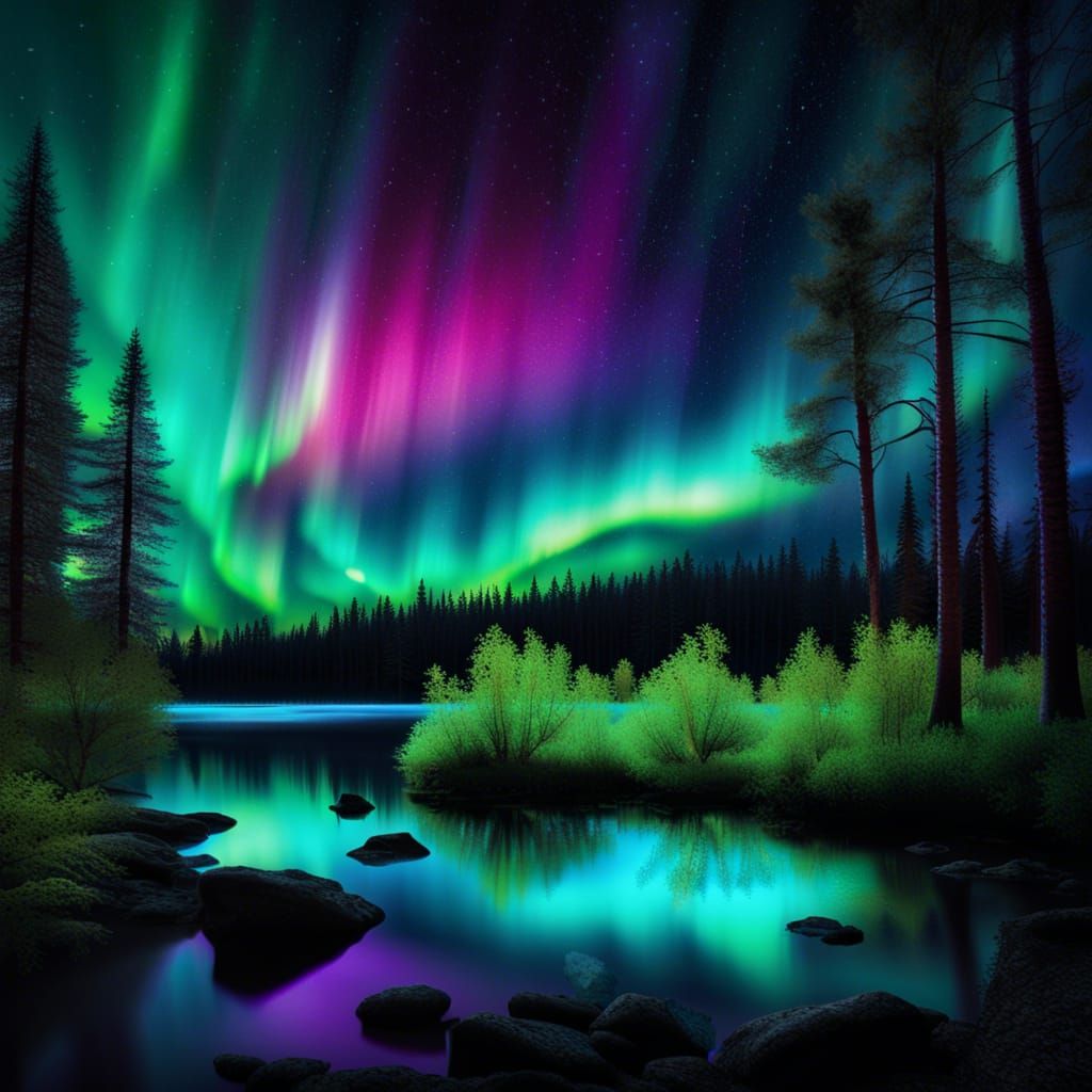 Bioluminescent Forest Under Northern Lights in HDR