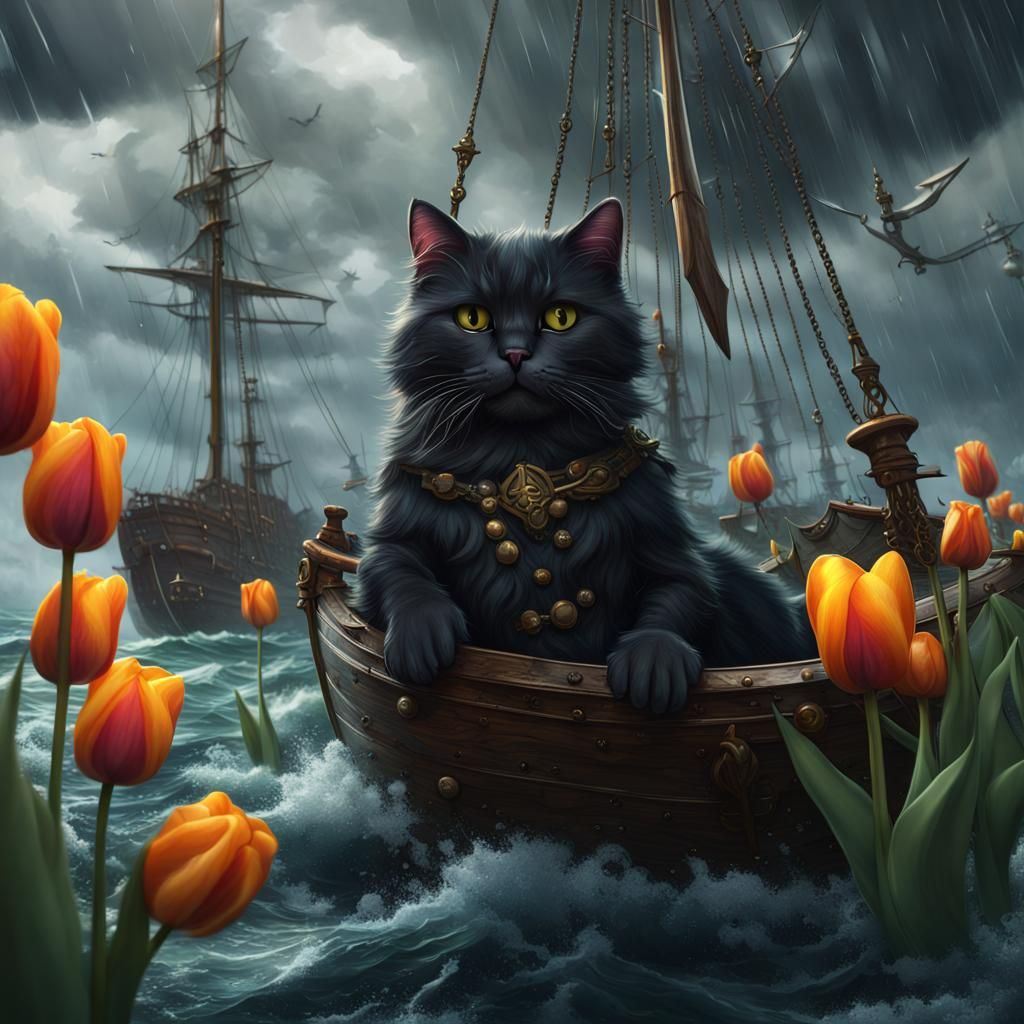 Pirate Cats: Tulip Ship in Yarn Ball Storm