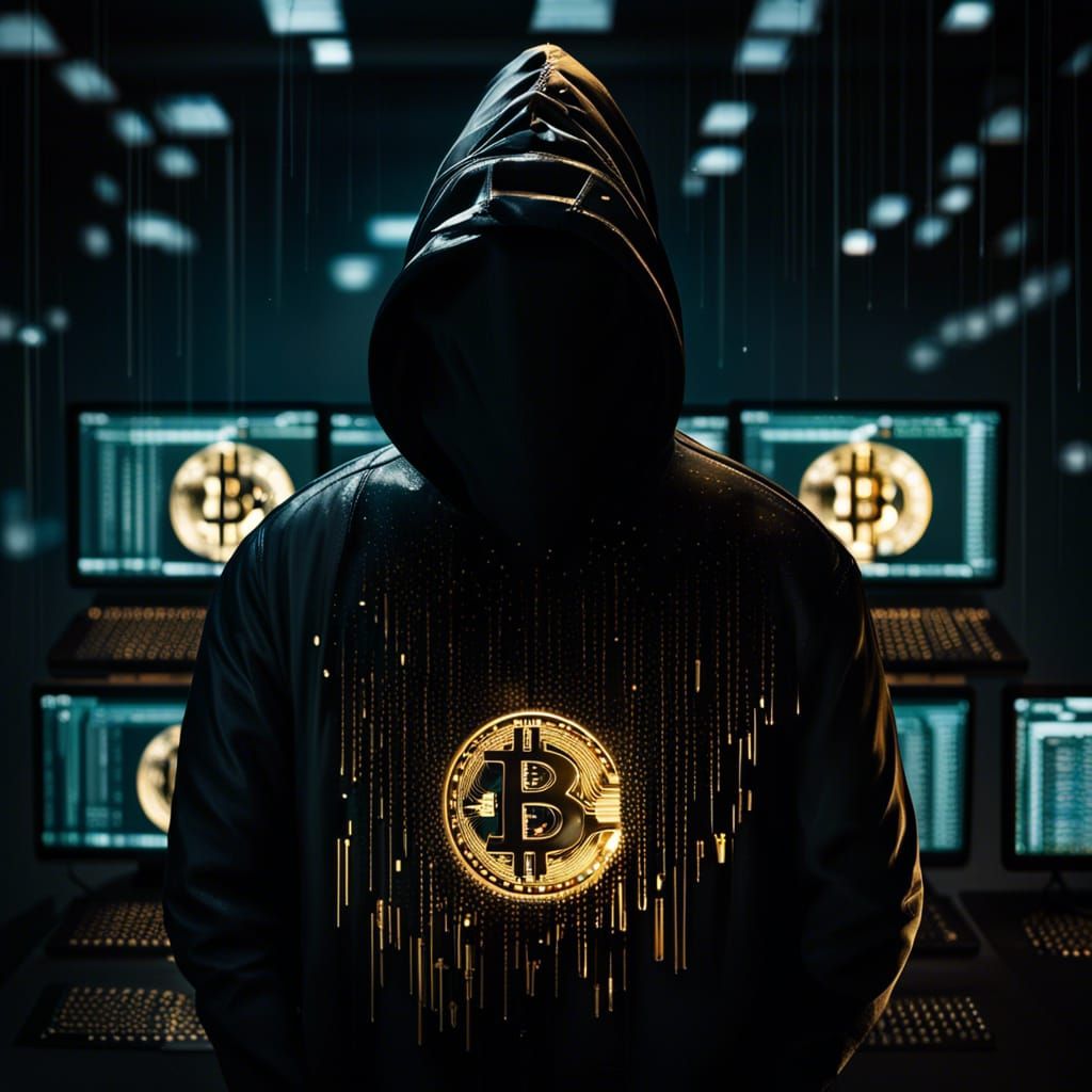Hacker in Dark City with Bitcoin and Gold