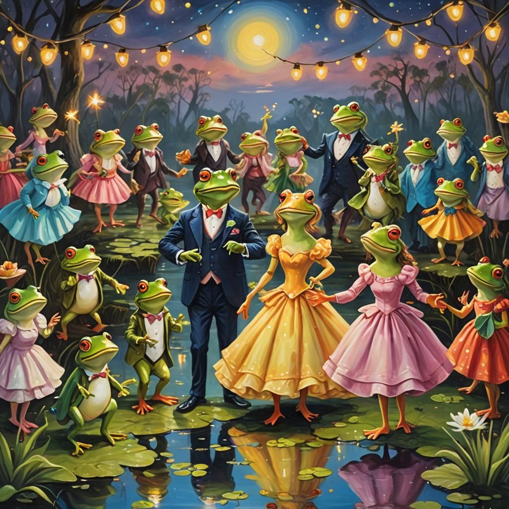 Frogs' Whimsical Swamp Festival: An Oil Painting