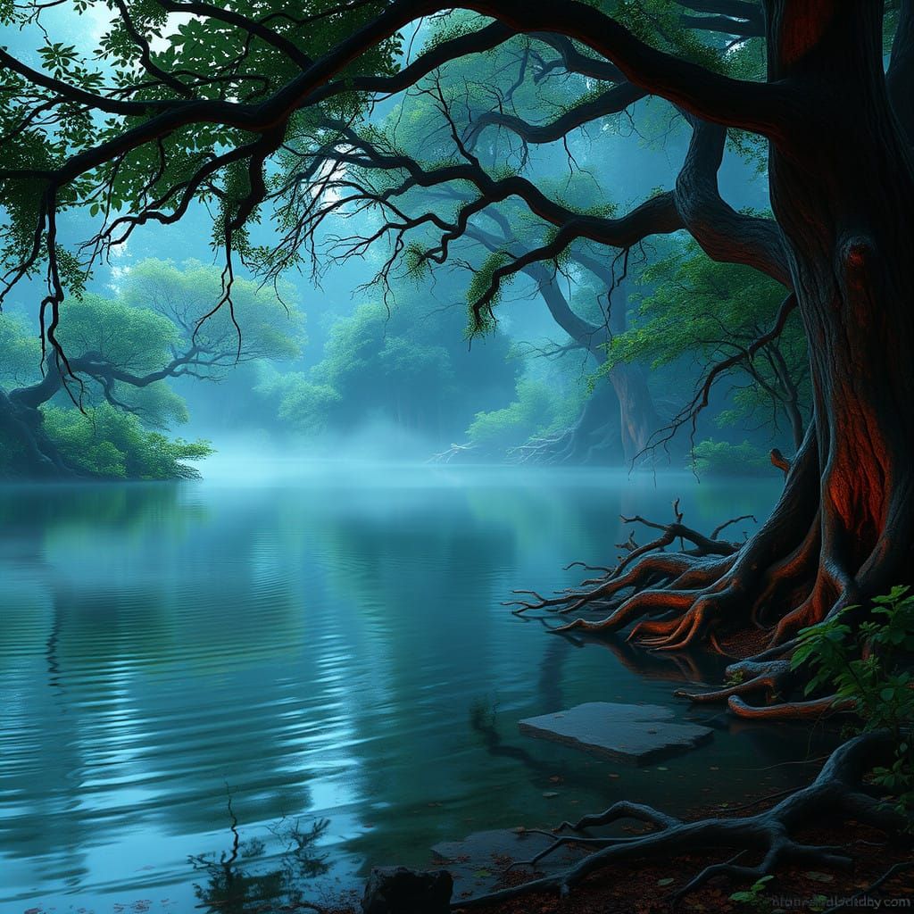 Enchanted Woodland Lake in Vibrant Colors