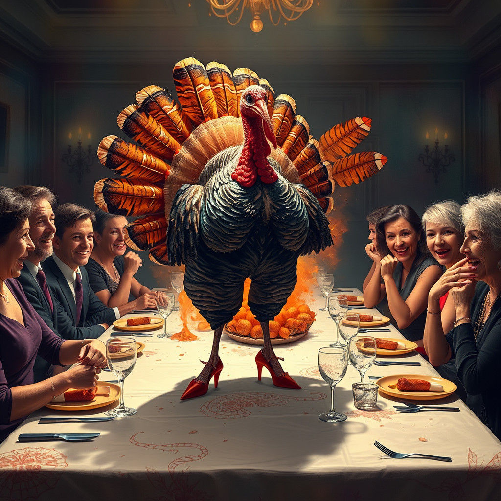 A turkey with no feathers dancing on the table with high hee...