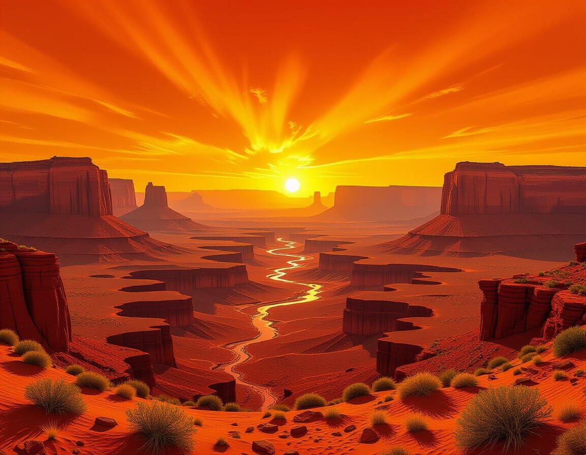 Hyperrealistic Desert Landscape with Red Sky