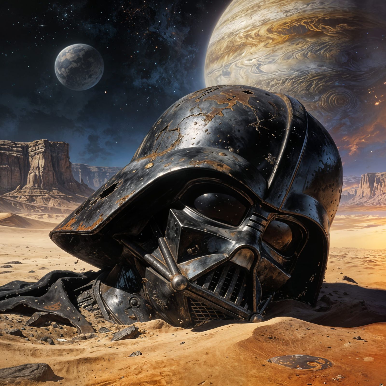 Rusted Darth Vader Helmet in Alien Desert Landscape