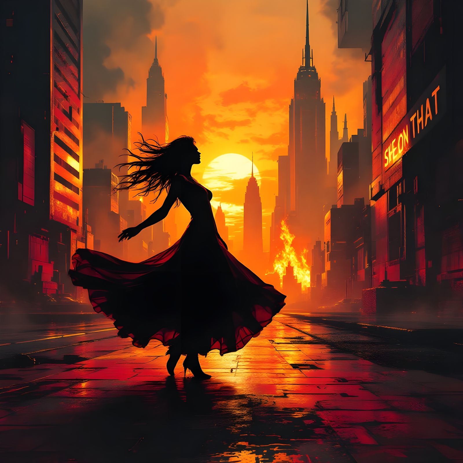 Retro Futuristic Woman Dancing Under Neon City Lights