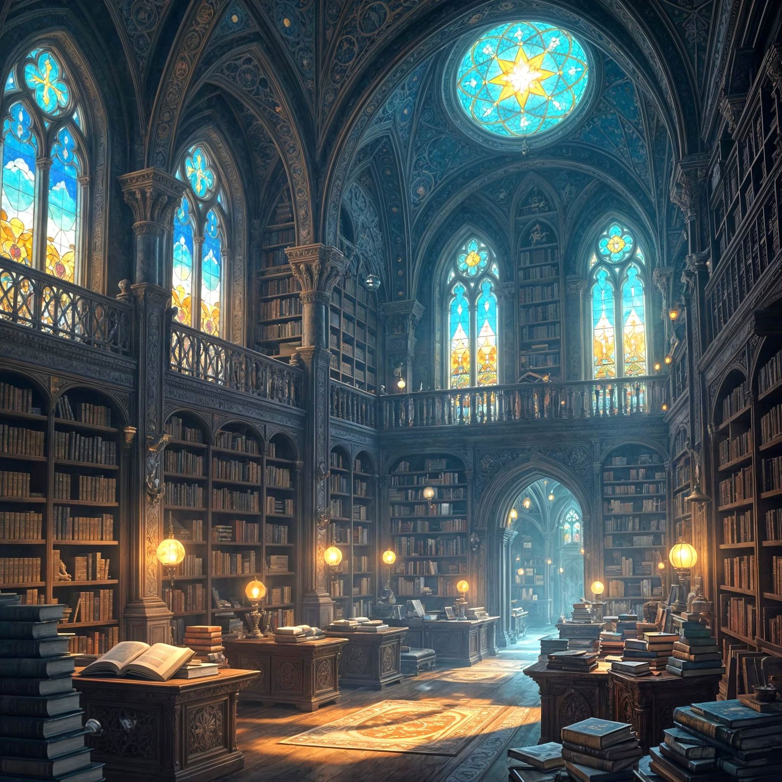 Floating Castle Library with Gothic and Arabic Architecture