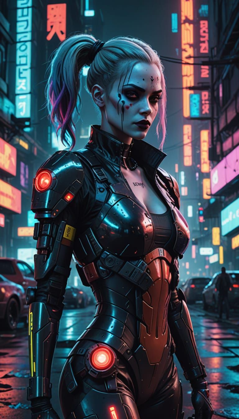 Neon-Lit Cyberpunk Portrait of Harley Quinn