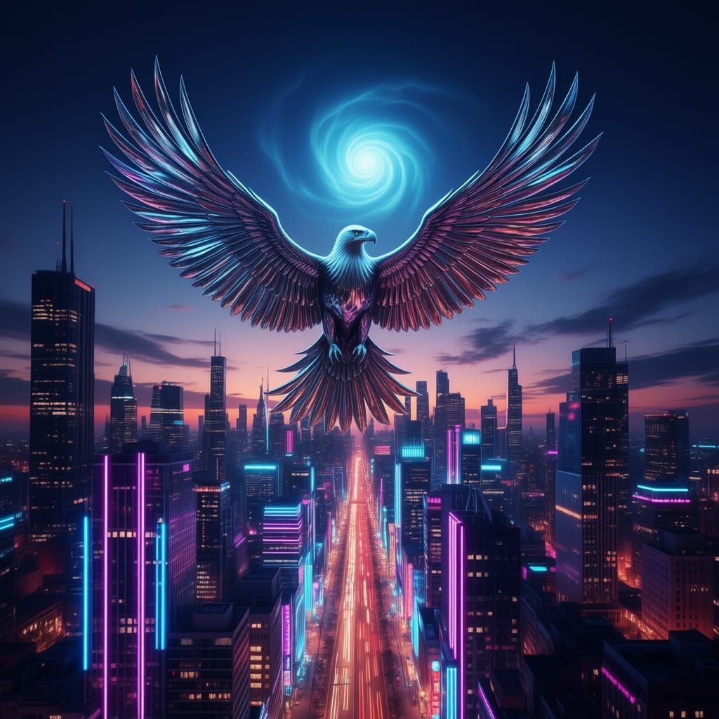 Chrome Eagle Soars Over Neon Metropolis at Dusk