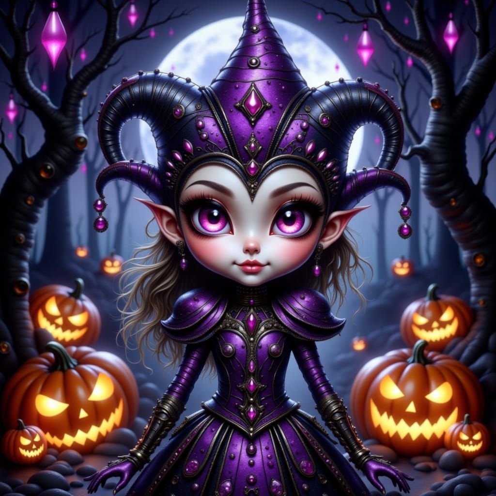 Halloween Jester Girl in Haunted Forest Digital Art