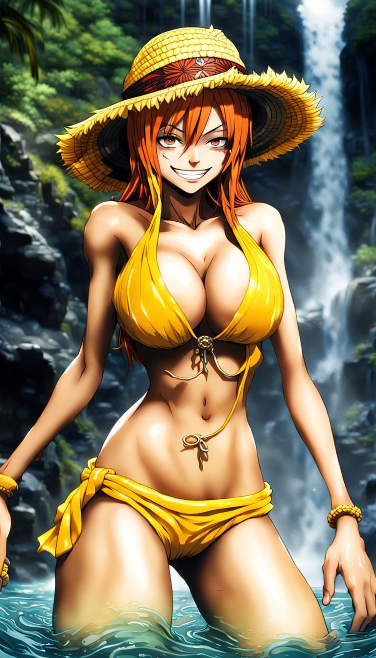 Hot Nami in Tropical Waterfall Scene