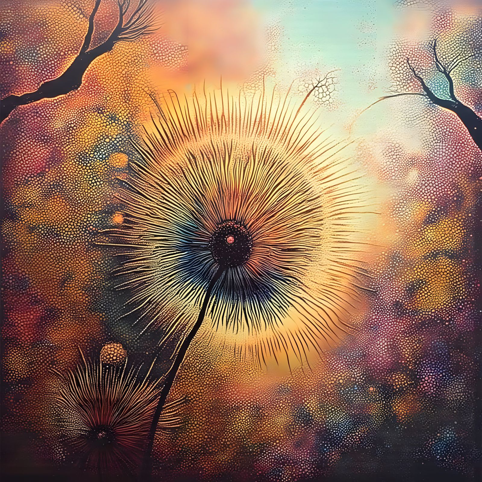 Intricate Thistle Flower Hybrid with Stick Beast and Village