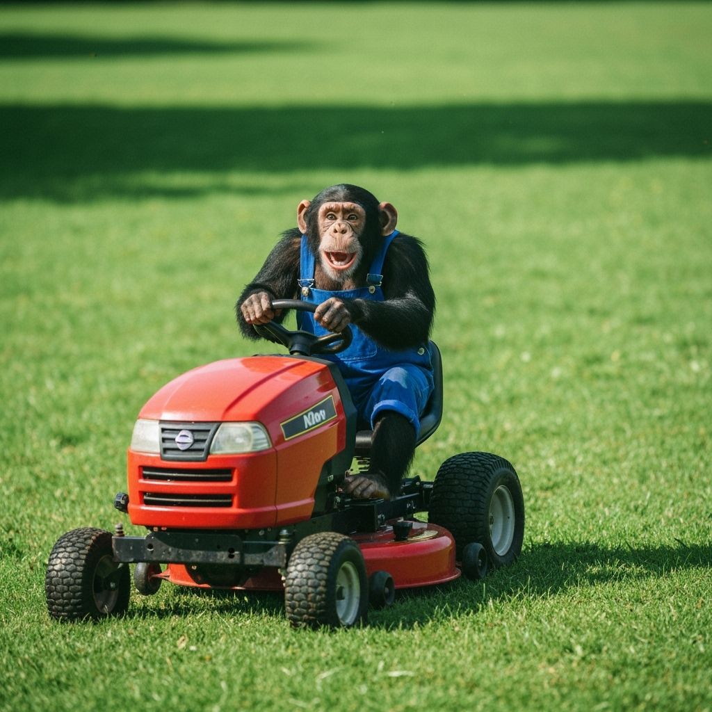 Chimpanzee Joyfully Mows Pasture in Summer Sun