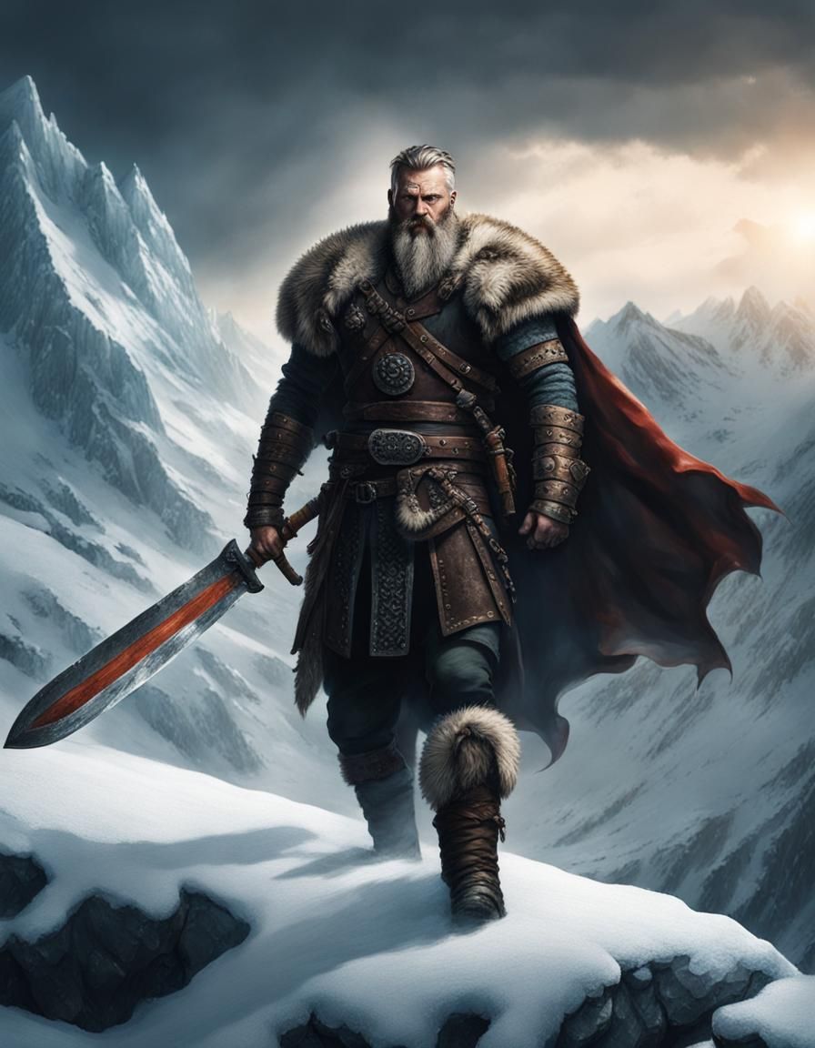 Viking Barbarian in Frozen Mountain Landscape
