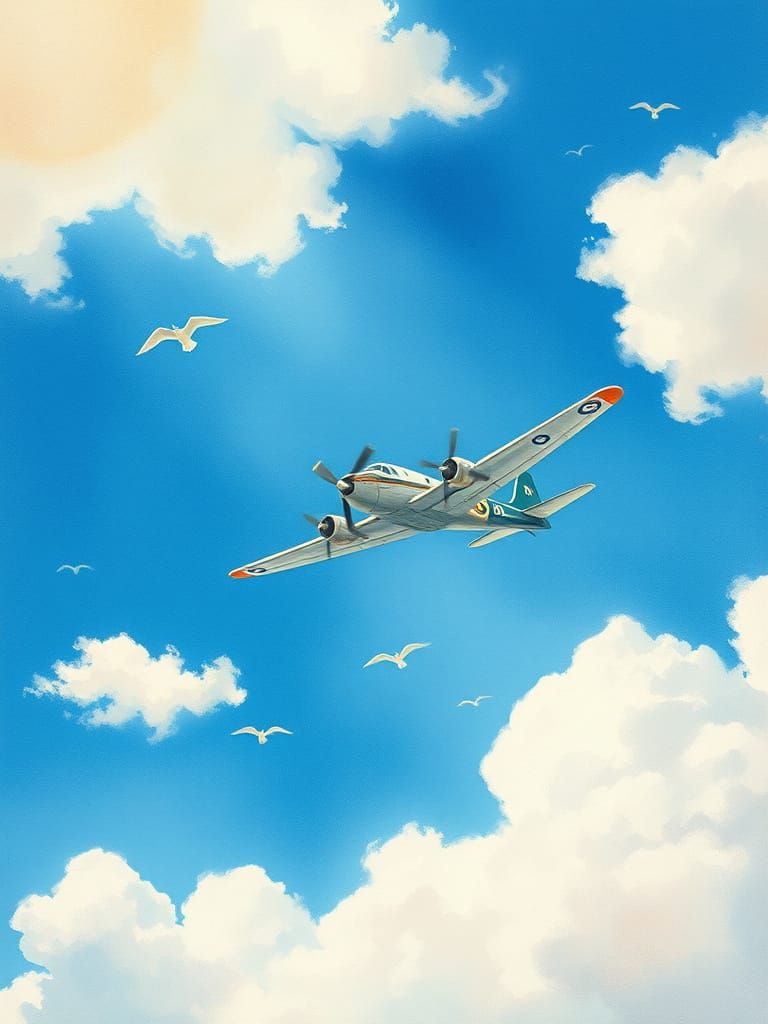 Vintage Airplane Soars in Dreamy Watercolor Skies