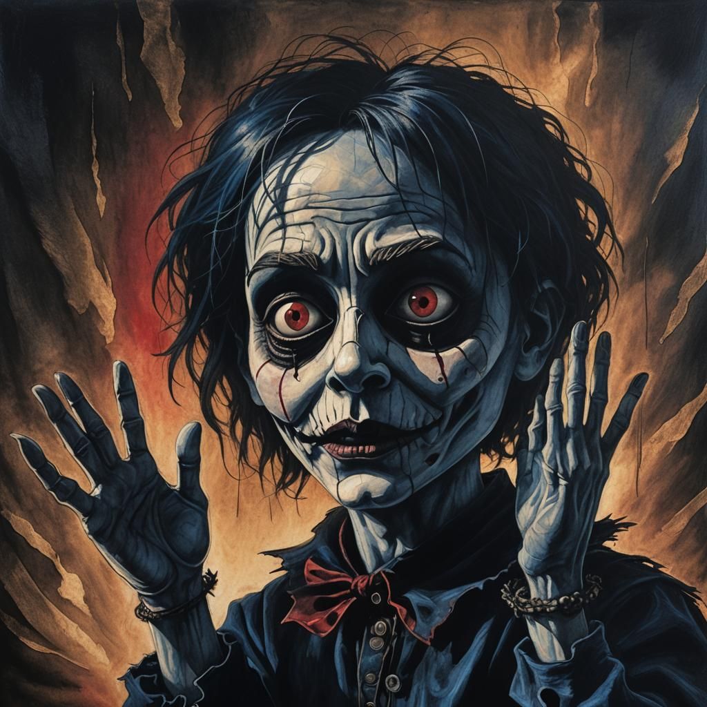 Creepy Puppet's Face in Charcoal with Dancing Shadows