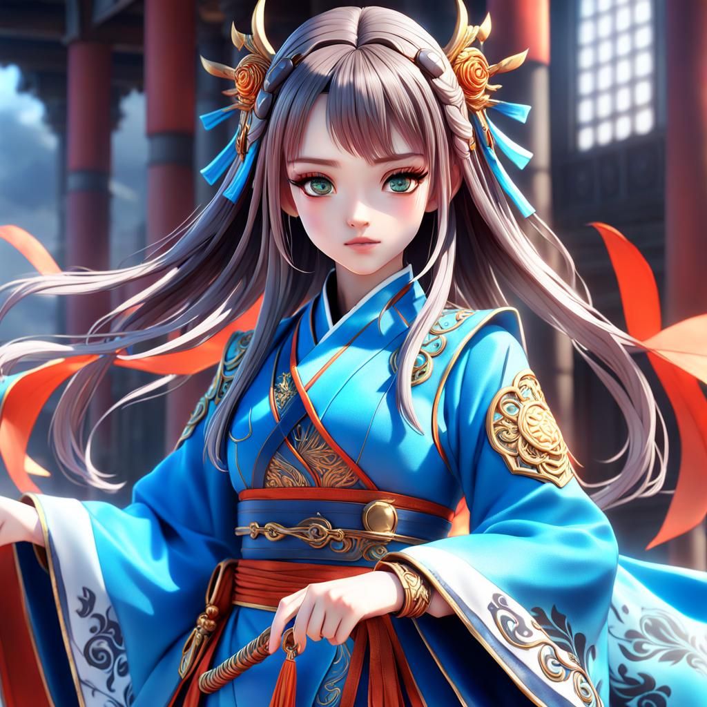 Anime Girl in Fantasy Robes, Detailed Illustration