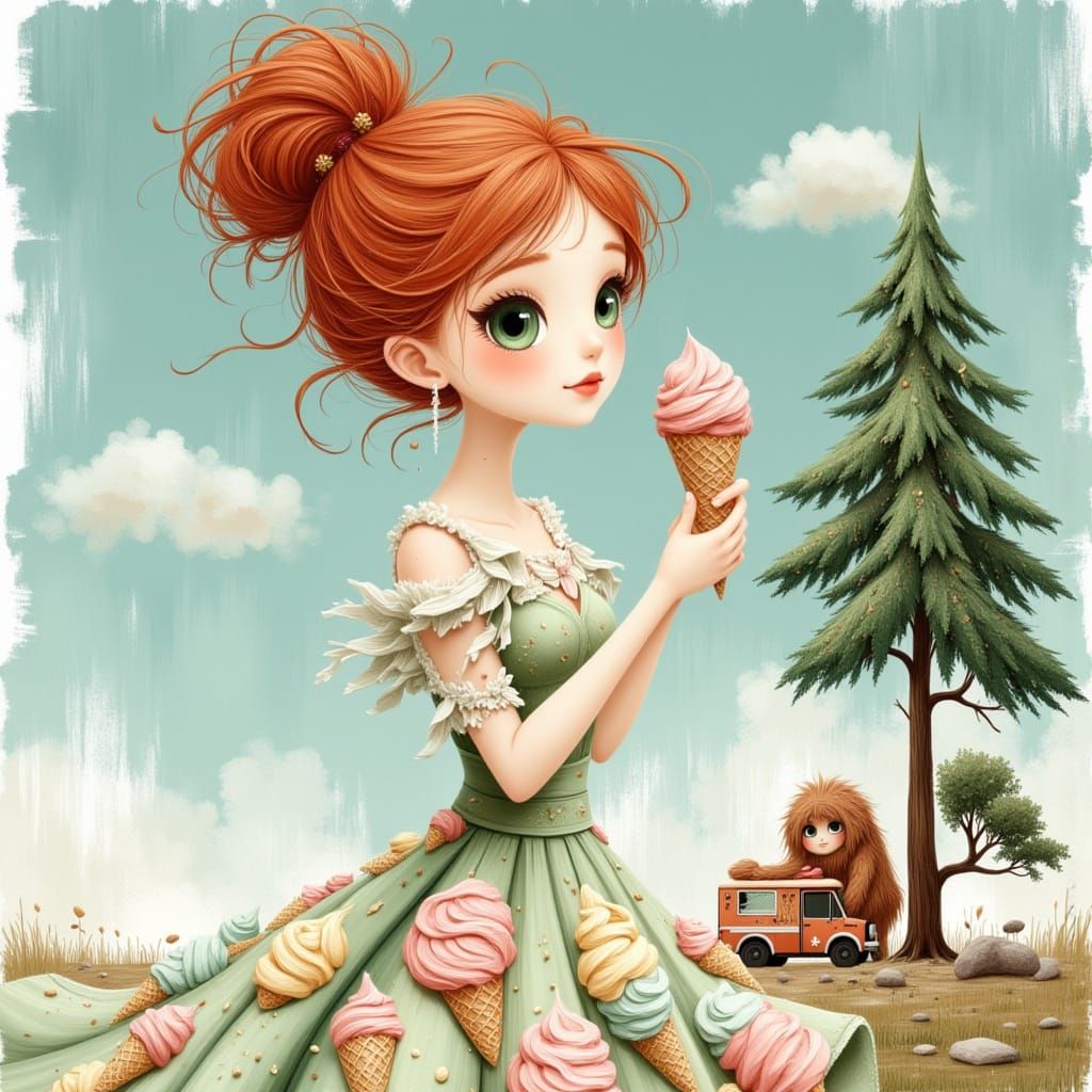 Woman with Fiery Red Hair and Ice Cream Dress