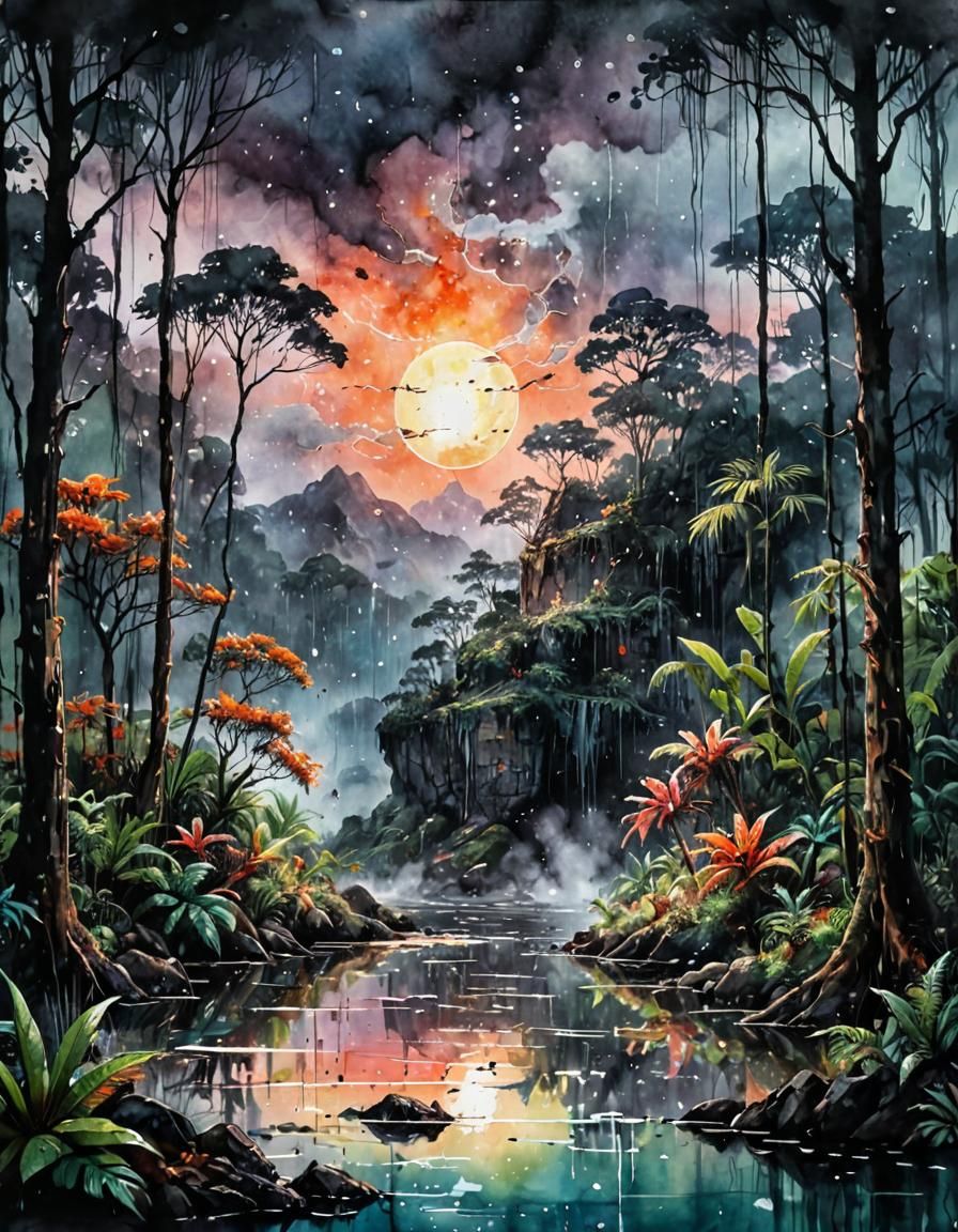 Lustrous Rainforest Landscape at Sunset: Watercolor Art