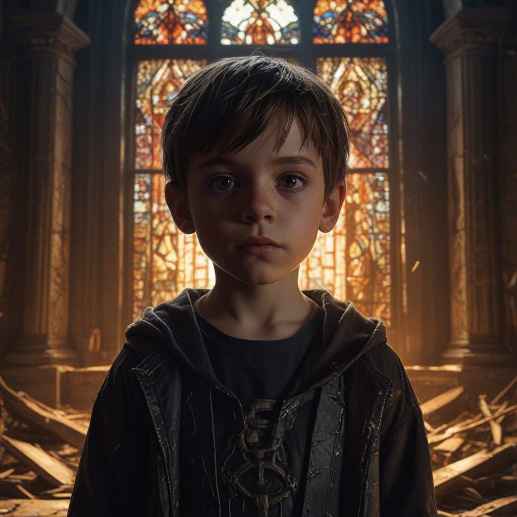 Boy in Ruined Cathedral with Gothic Art Style