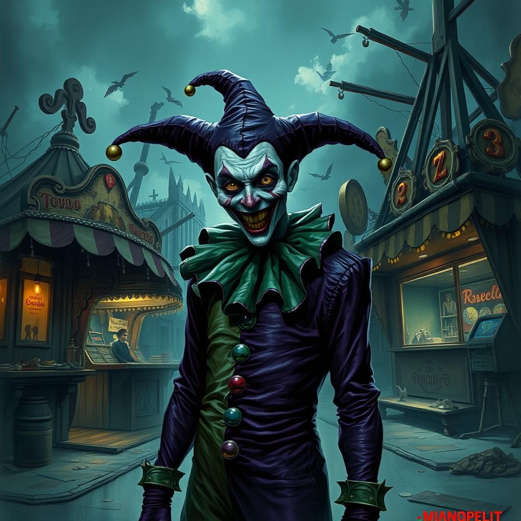Sinister Jester in Abandoned Carnival, Gothic Illustration