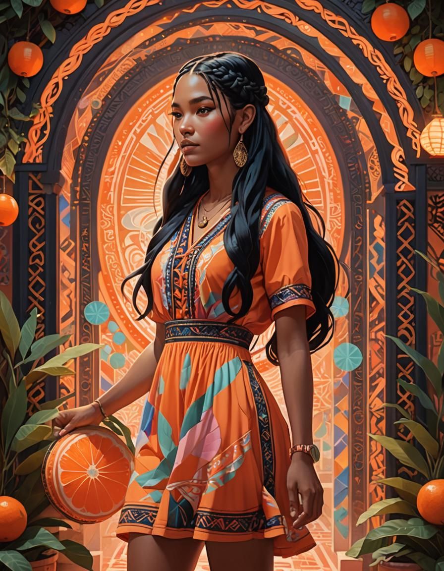 Woman in Tangerine Dress with Geometric Background