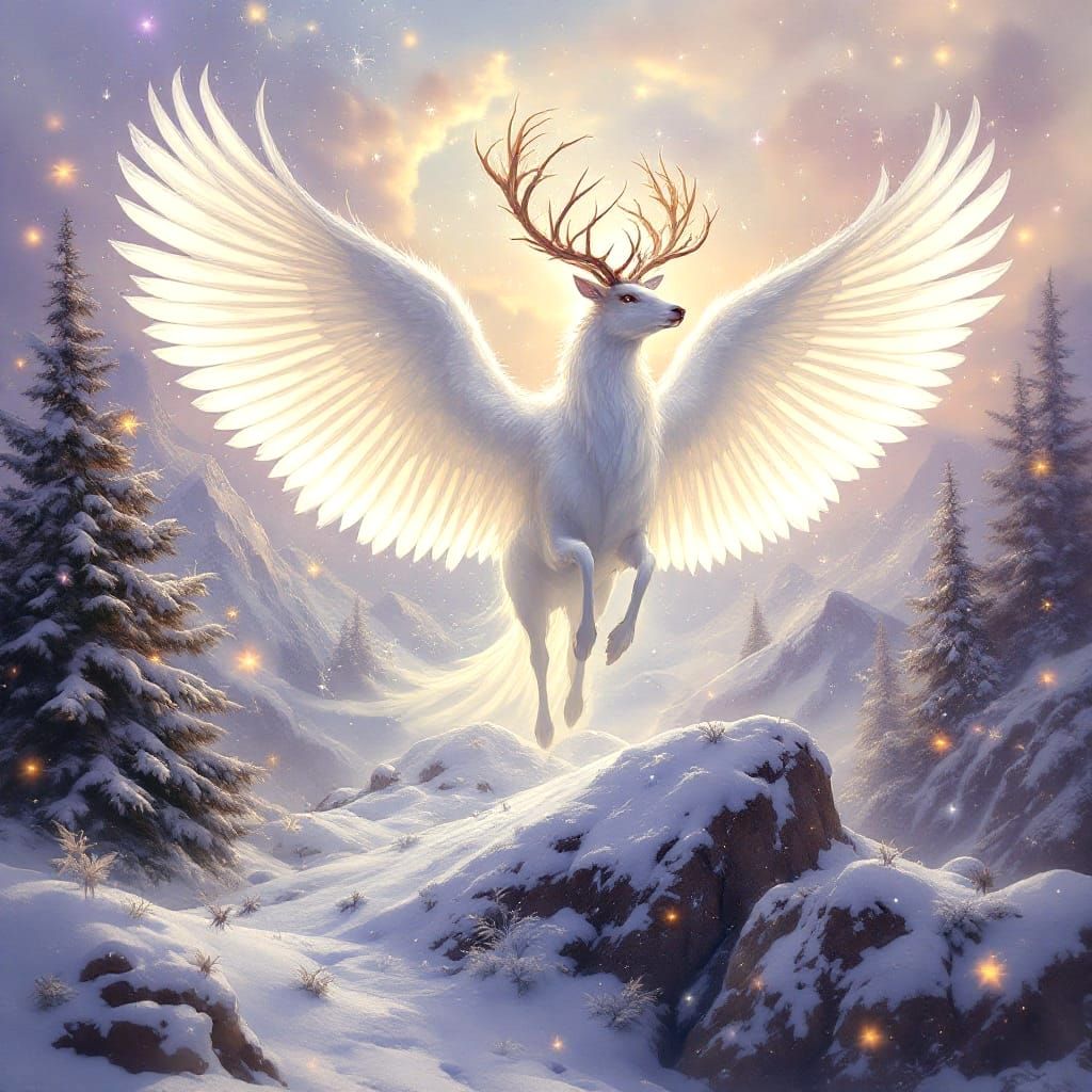 Ethereal White Stag Soars Over Snowy Mountains in a Mystical...
