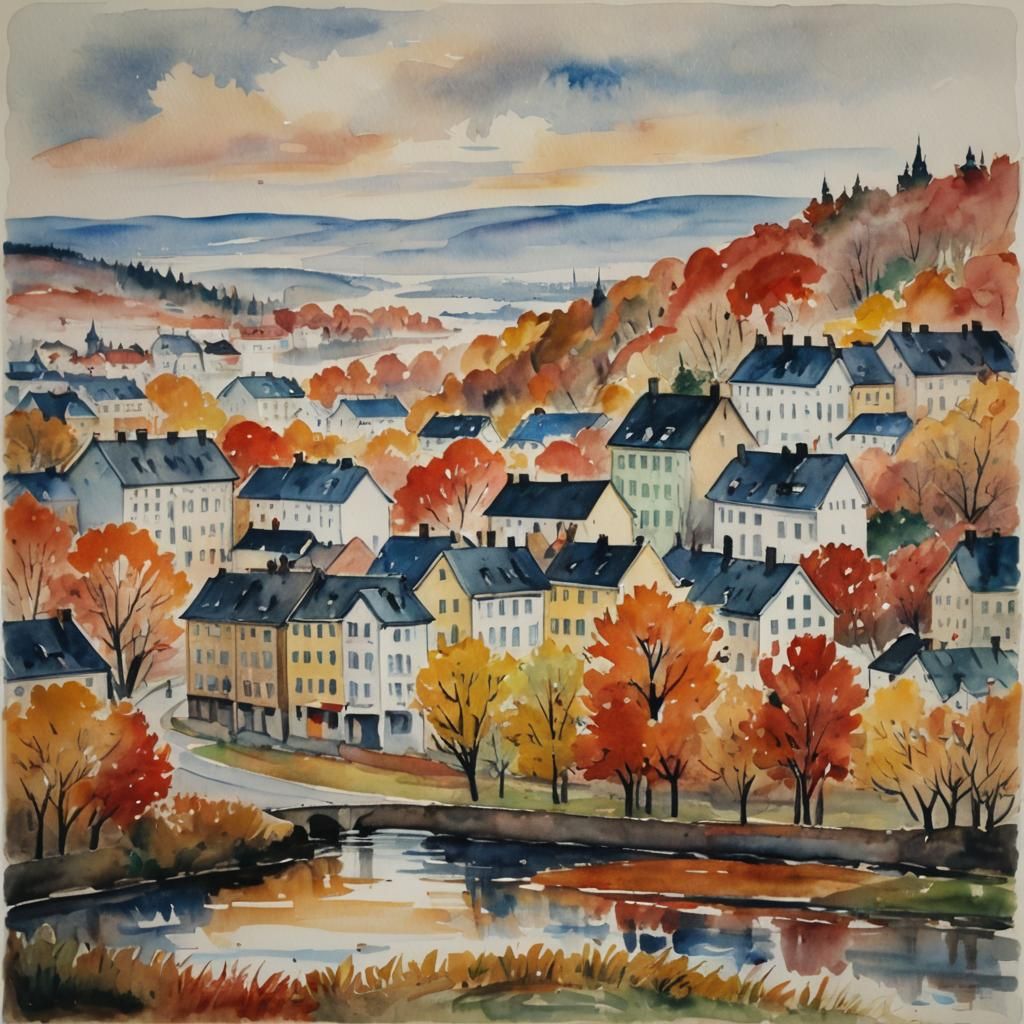Autumnal Cityscape in Expressionist Watercolor