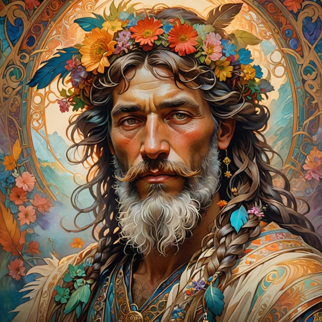 Ornate Beard Portrait in Alphonse Mucha Style