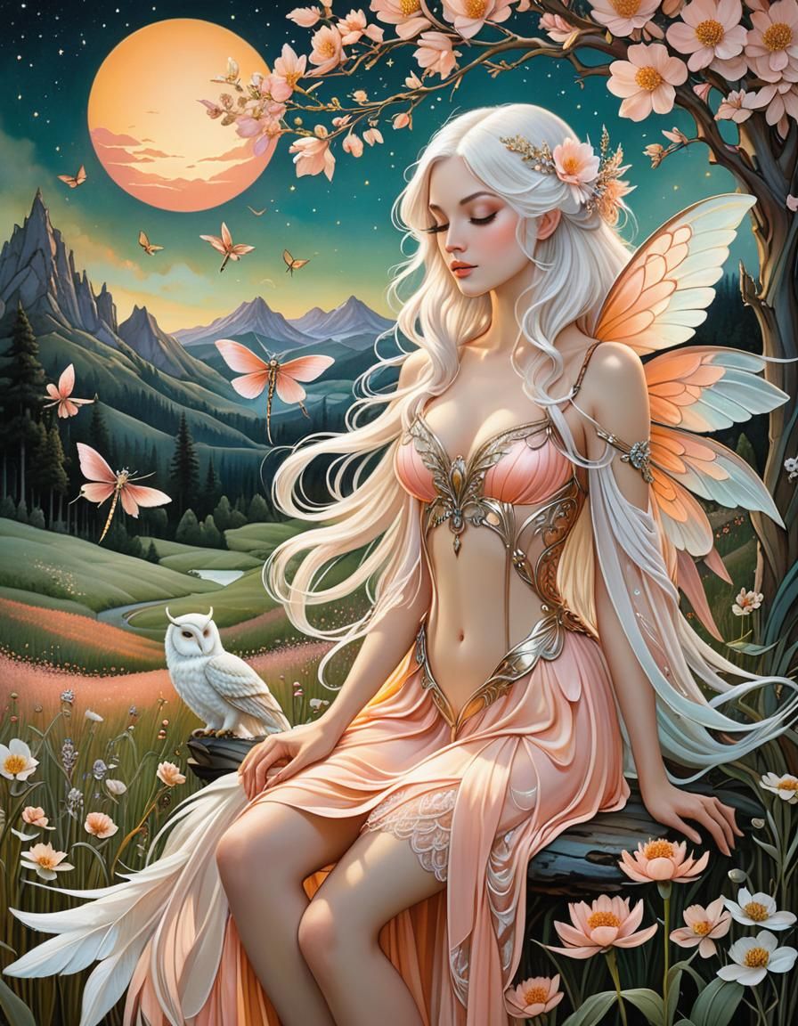 Pastel Fairy in Wildflower Meadow, Alcohol Ink Style