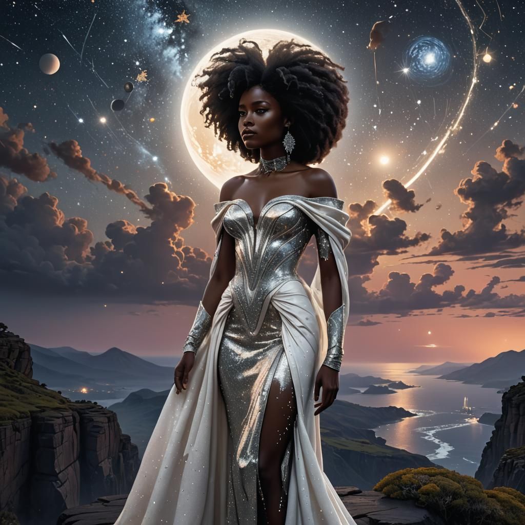 Black Goddess Overlooking Starry Night Sky