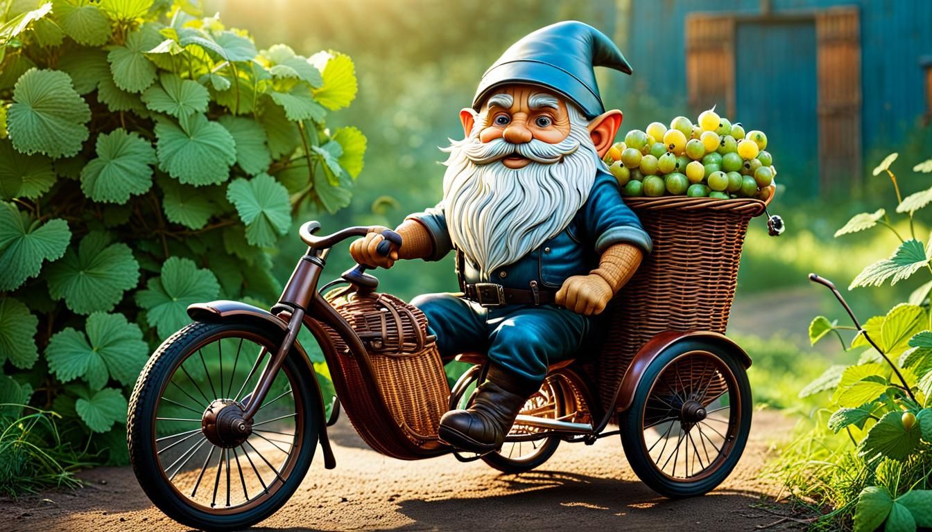 Rusty Metal Gnome Biker in Verdant Garden