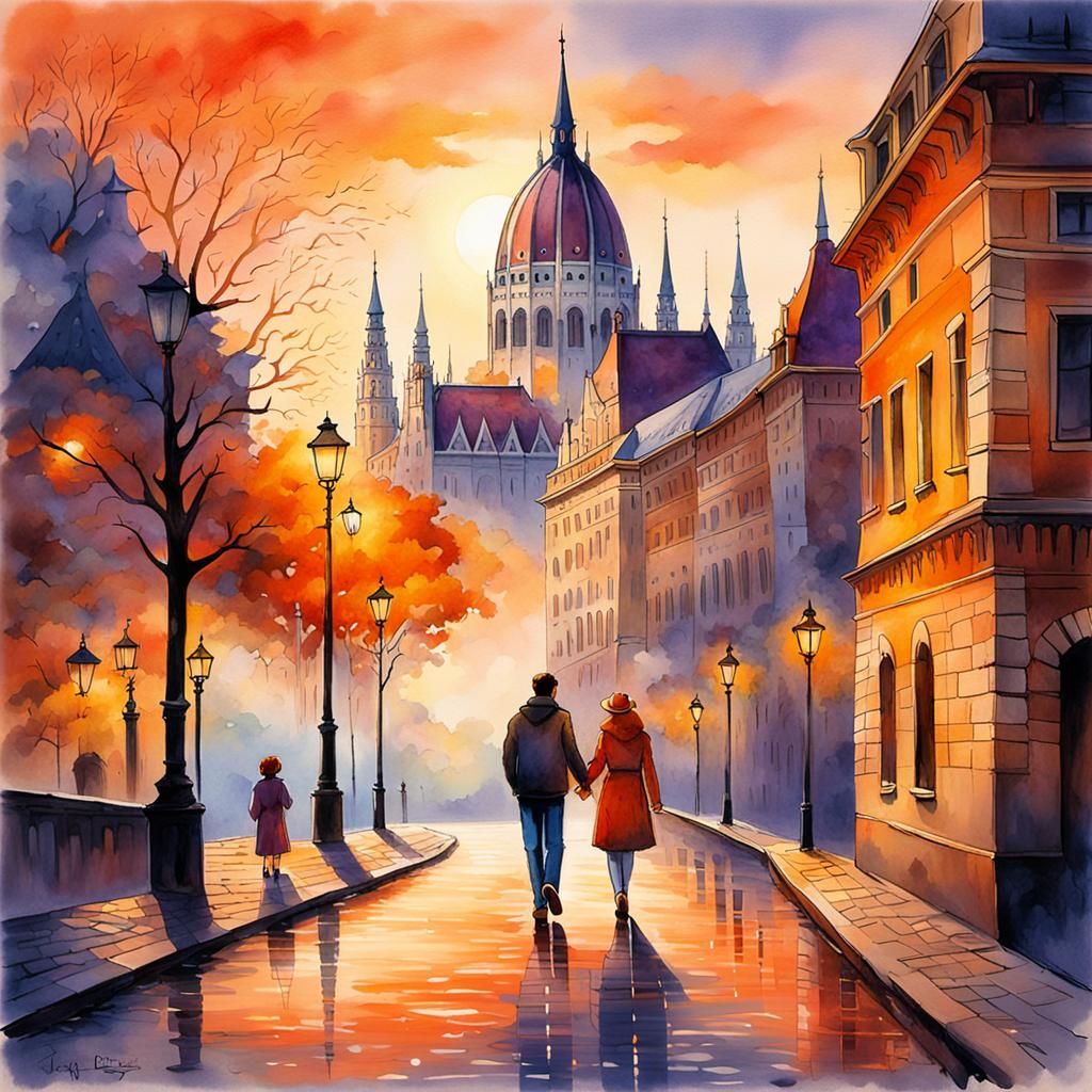 Couple's Romantic Stroll in Budapest: Watercolour Fantasy