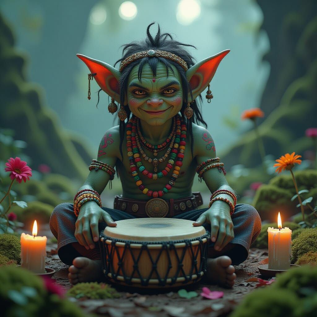 Charming Goblin with Psychedelic Soul: Hyperrealistic Close-...