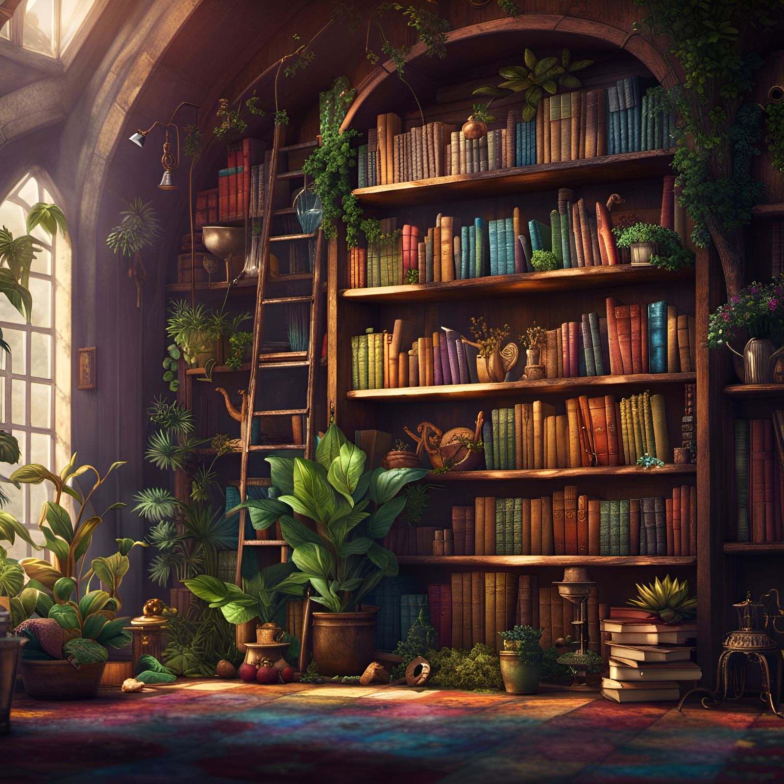 Rainbow Bookshelf with Plants: Fantasy Concept Art