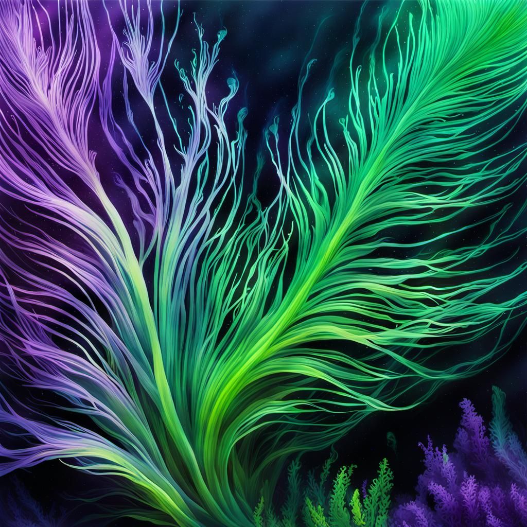 Luminescent Algae Swaying Underwater: Expressionist Ink Art