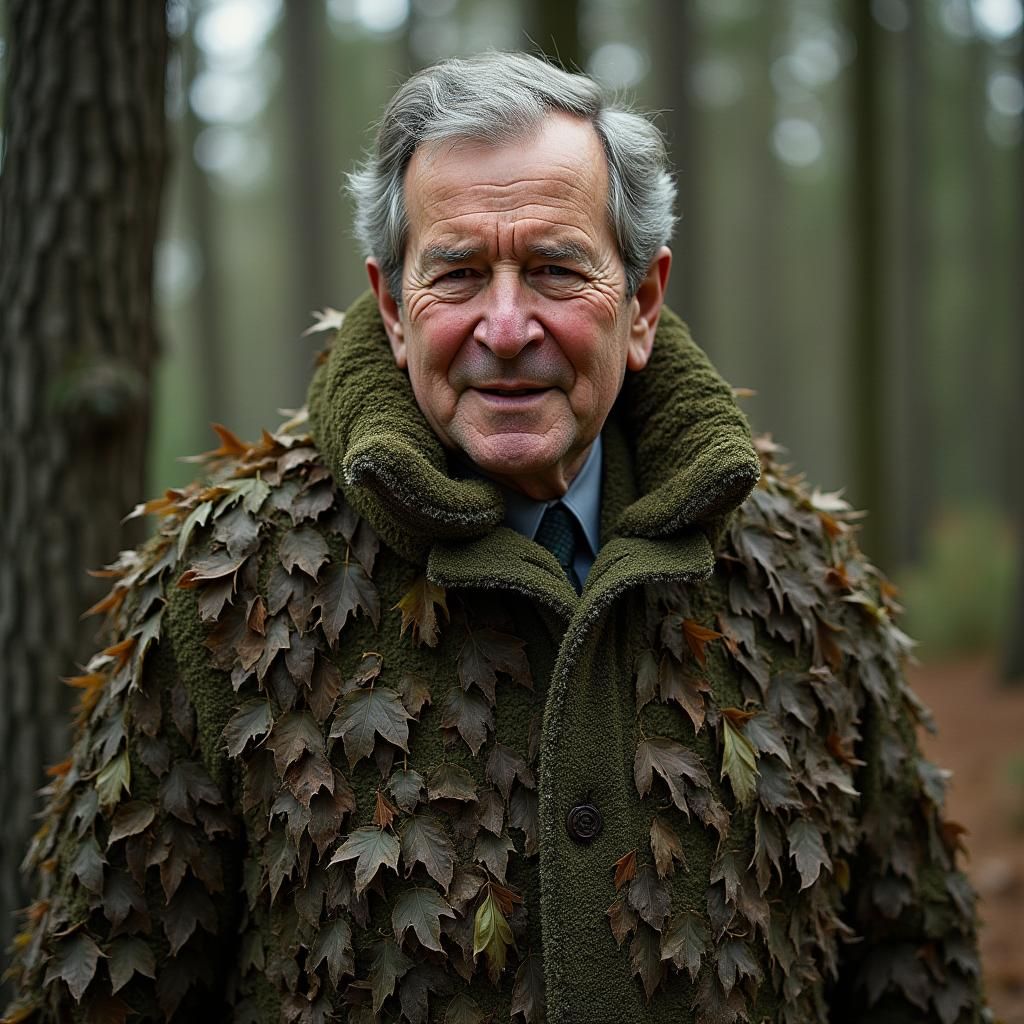 Camouflaged Figure in Ghillie Suit, Hyper-Realistic Forest