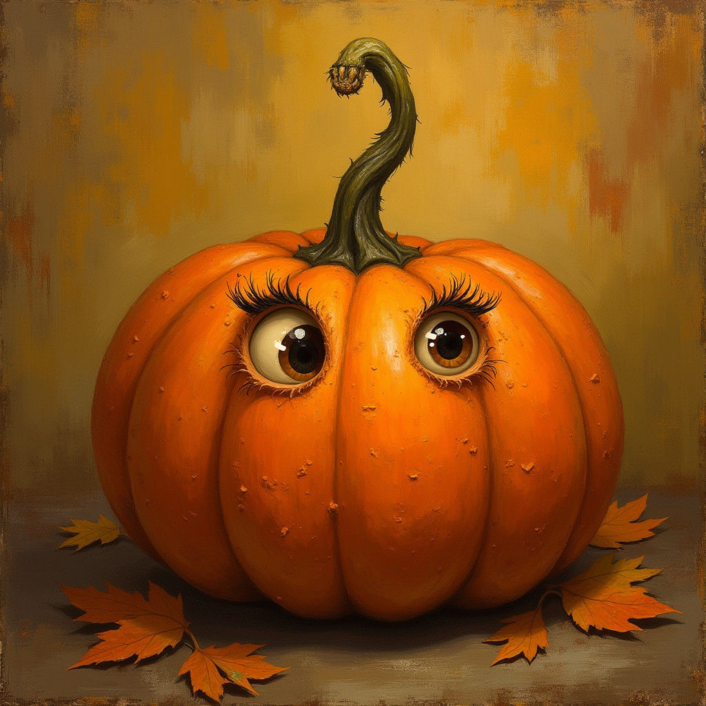 Whimsical Pumpkin Portrait in Rustic Folk Art Style