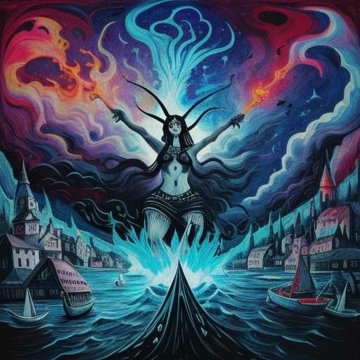 Charon Ferries a Soul in Folk Art Style