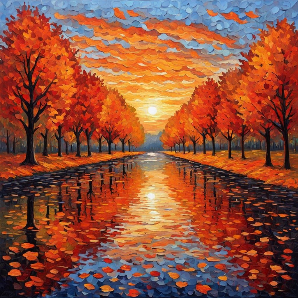 Autumn Rains: Orange Leaves Reflected in Puddles at Sunset