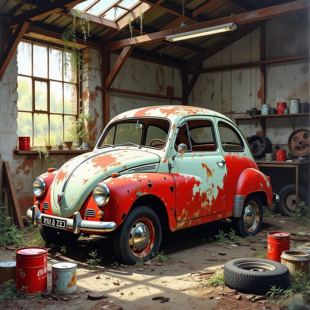 Rusty Isetta 300 in Abandoned Workshop Oil Painting