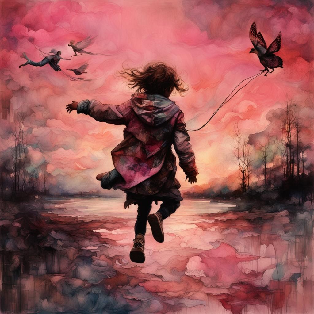 Children Flying Kites at Pink Sunrise