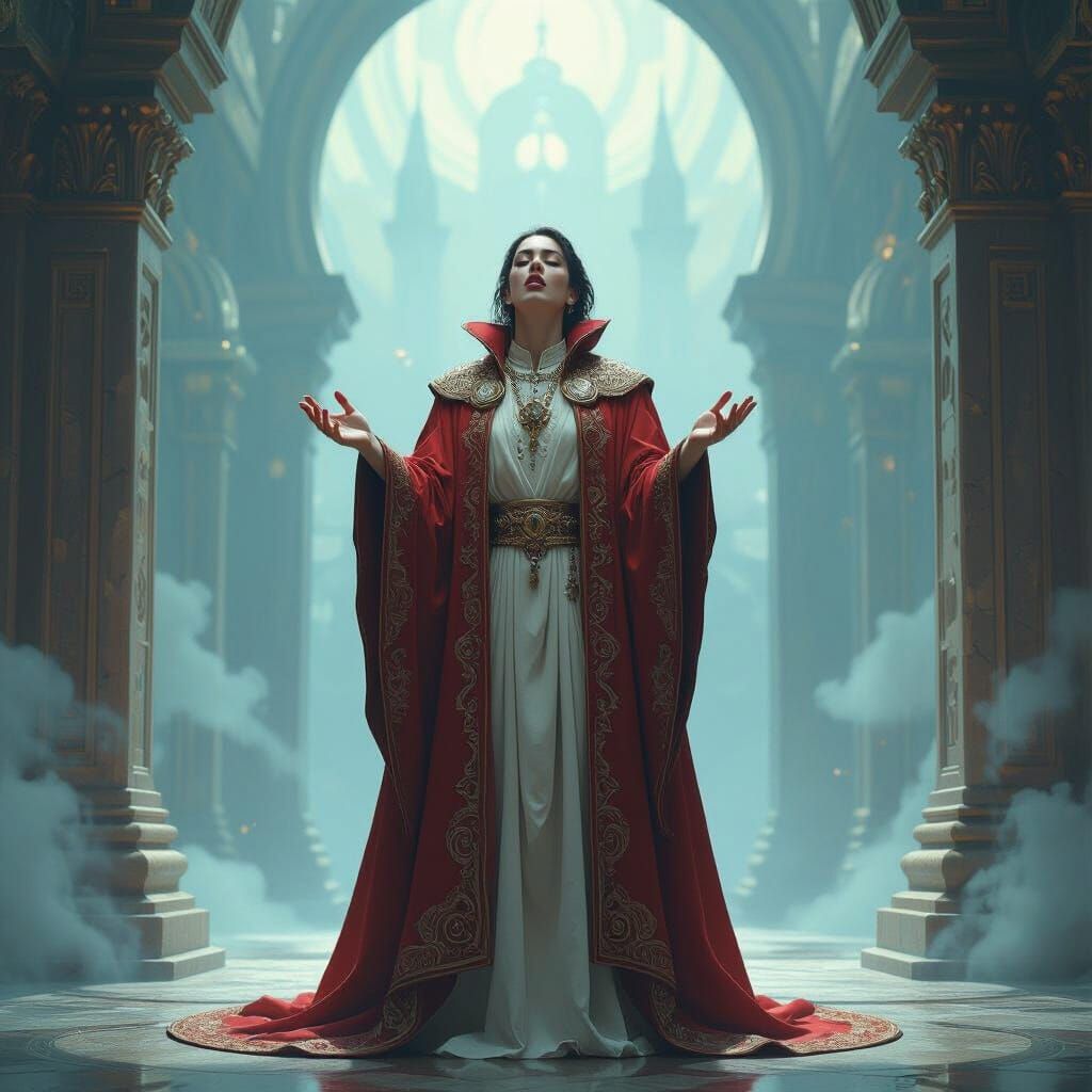 Regal Singer in Mystical Sci-Fi Dreamscape