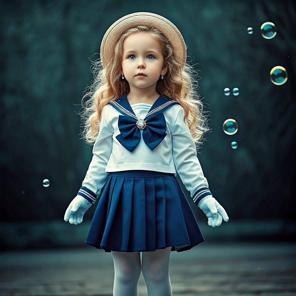 Magical Girl with Wavy Blonde Hair and Blue Skirt, Surrounde...