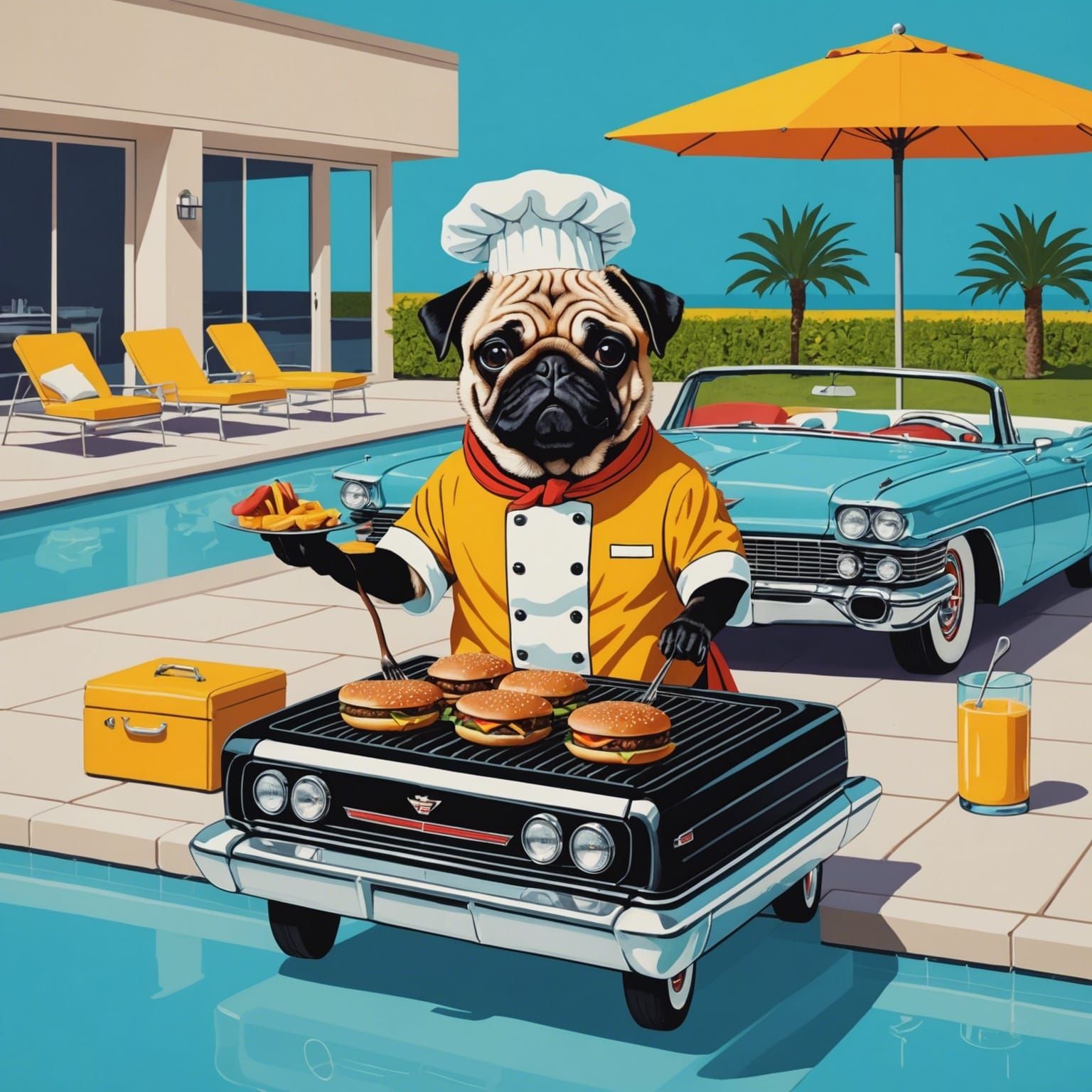 Pug Chef Grilling Burgers: Pop Art Digital Illustration