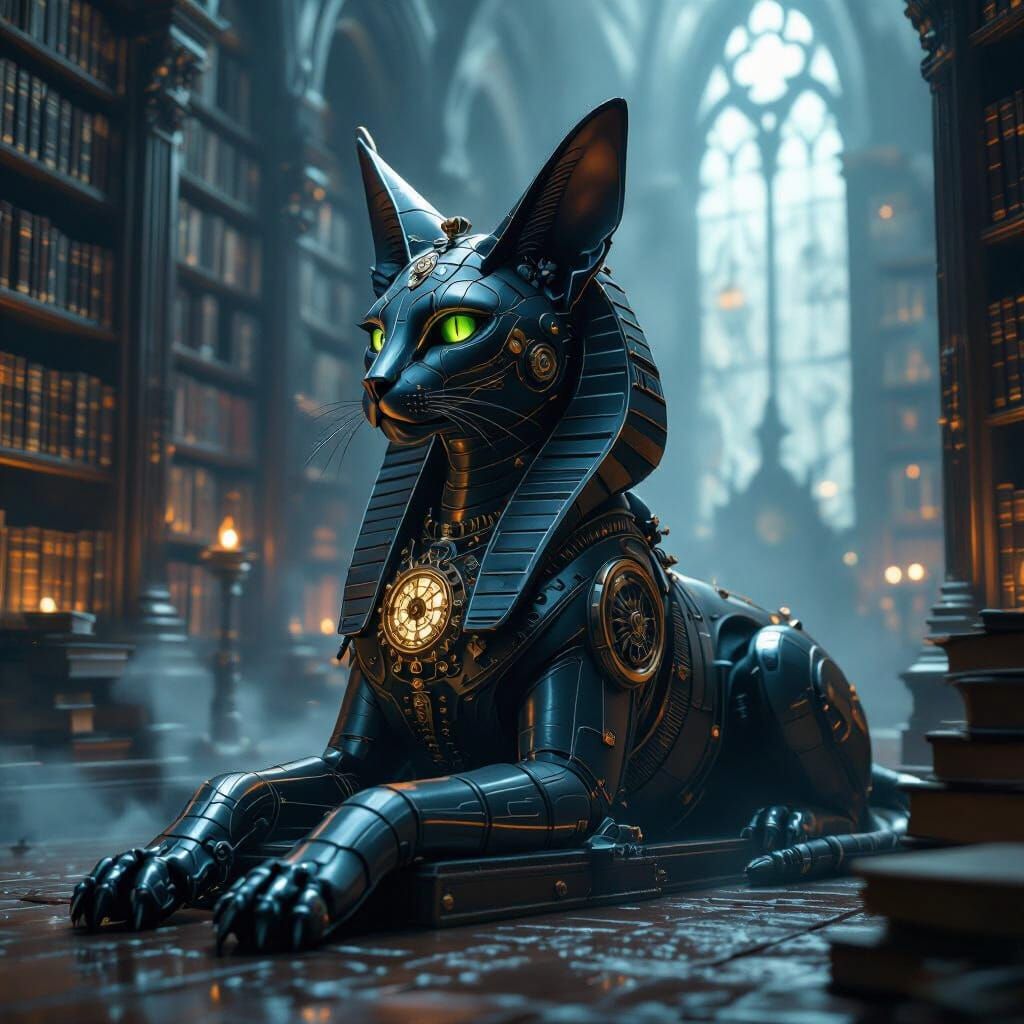 Clockwork Sphinx in Gothic Library, Digital Art