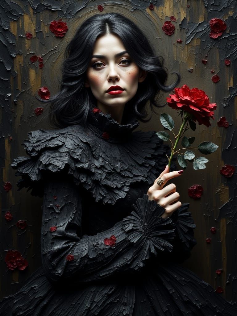 Gothic Romance: Woman with Rose in Expressive Oil Painting S...