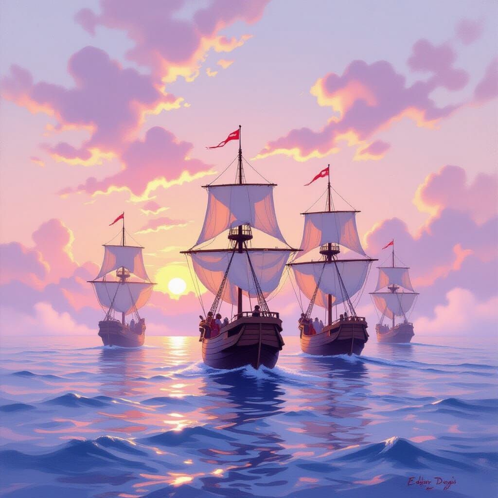 Breathtaking Pastel Scene of Columbus's Ships at Dawn