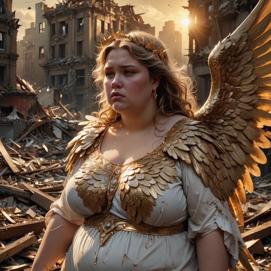 Weeping Angel in Destroyed City: Maximalist Digital Art