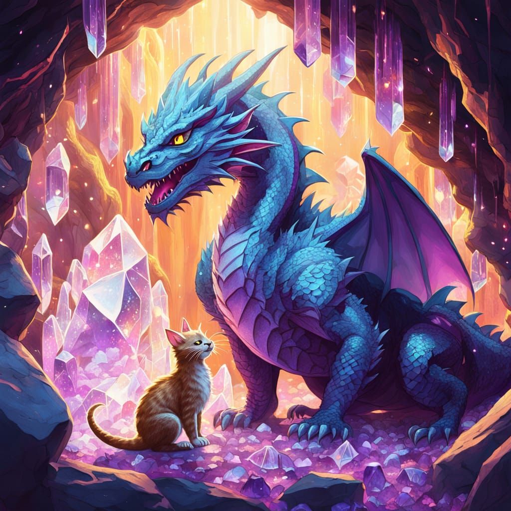 Dragon and Kitten in Crystal Cave: Studio Ghibli Style