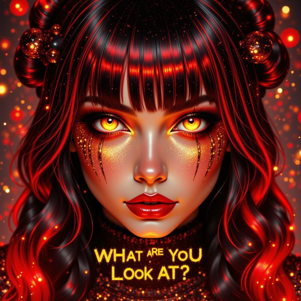 Gothic Woman Portrait in Red and Gold Chaos